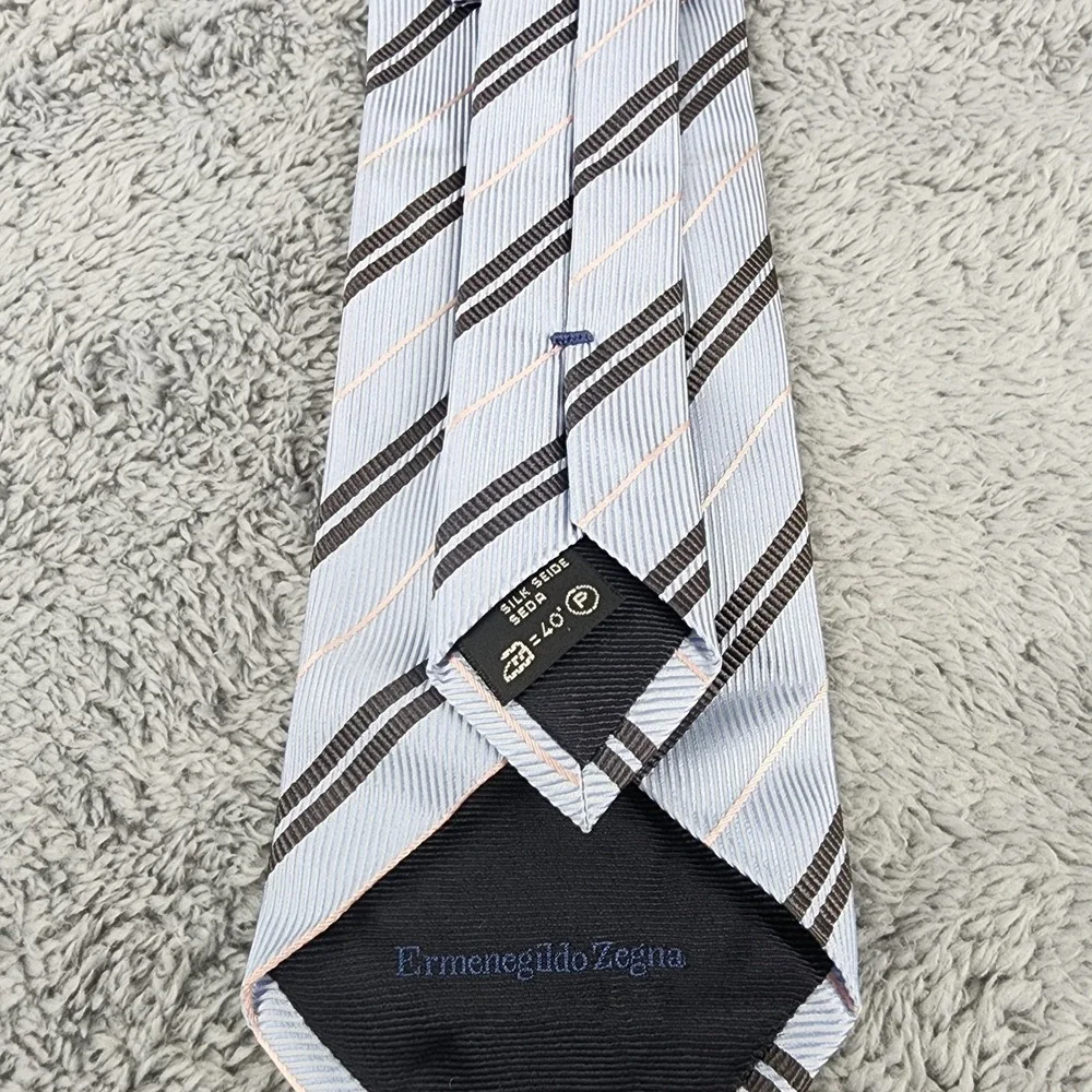 Ermenegildo Zegna Tie Mens Silk Blue‎ Brown Peach Striped Necktie Made in Italy